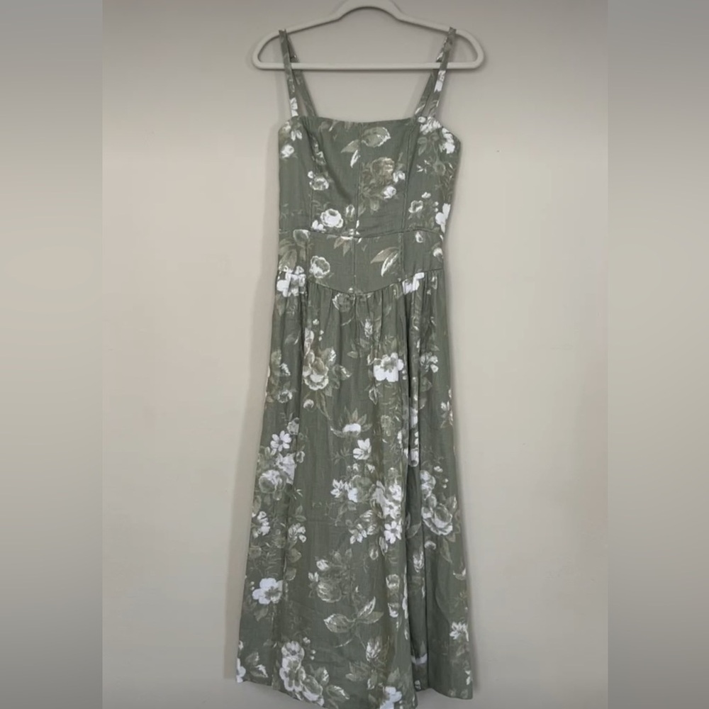 Reformation Katarin Linen Dress In Green Floral, brand new, never worn, no flaws